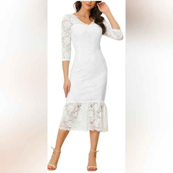 Allegra K Women's V Neck 3/4 Sleeve Lace Ruffle Bodycon Dress sz XS WHITE - Picture 1 of 8
